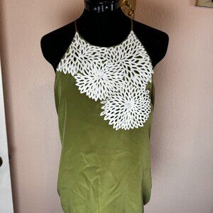 Matty M 100% Silk Strappy Cami Top Green with White Floral Embroidery